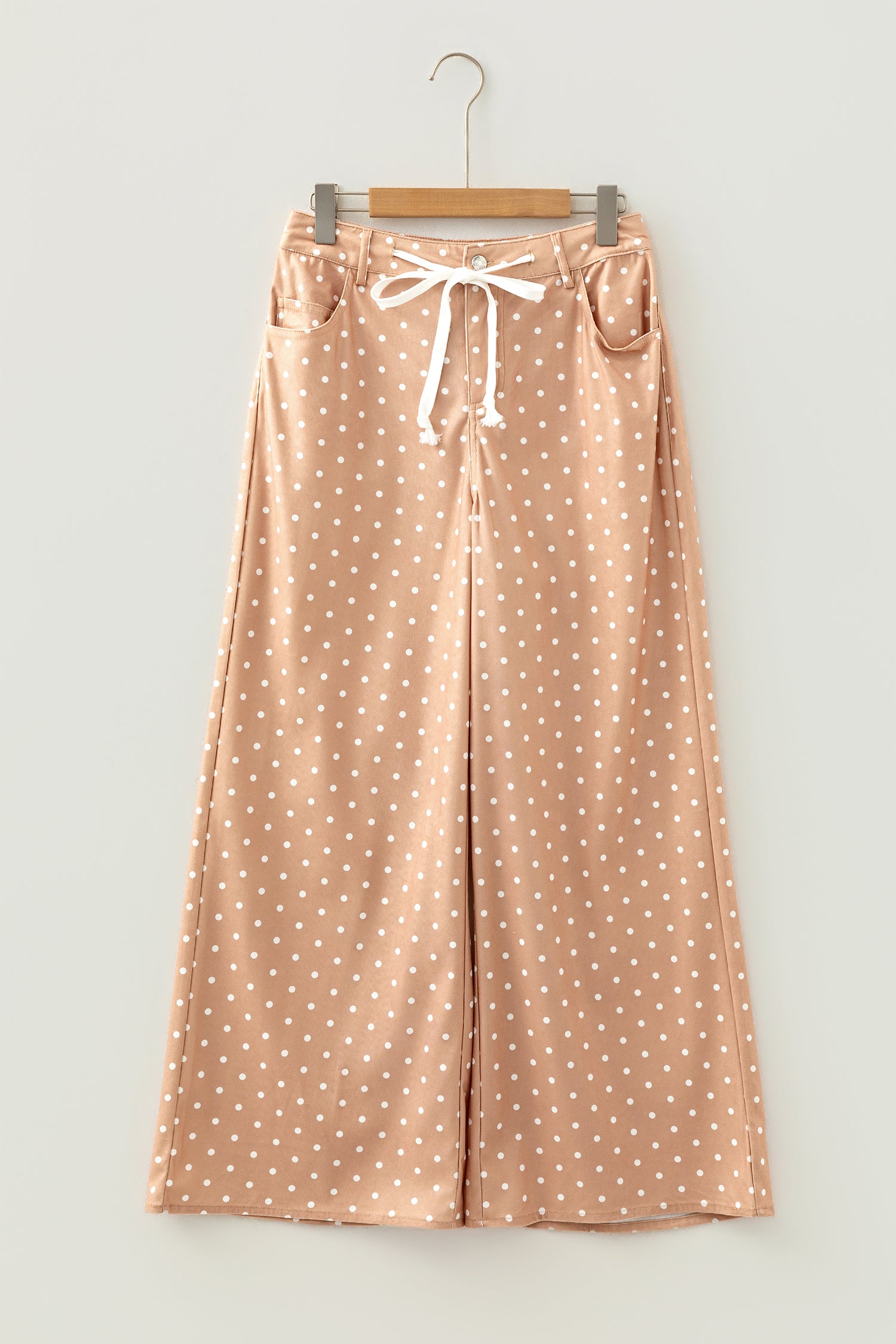 Pantaloni Donna Kaki a Gamba Larga con Stampa a Pois e Coulisse