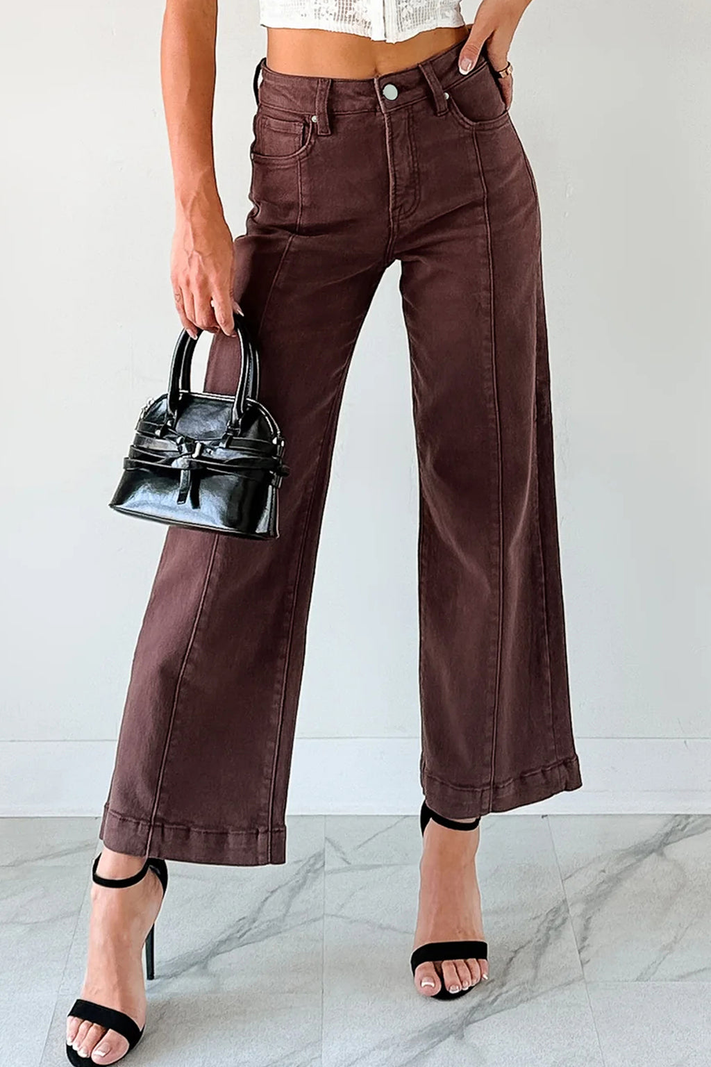 Jeans Donna Rosso a Gamba Larga Cropped con Cucitura Centrale