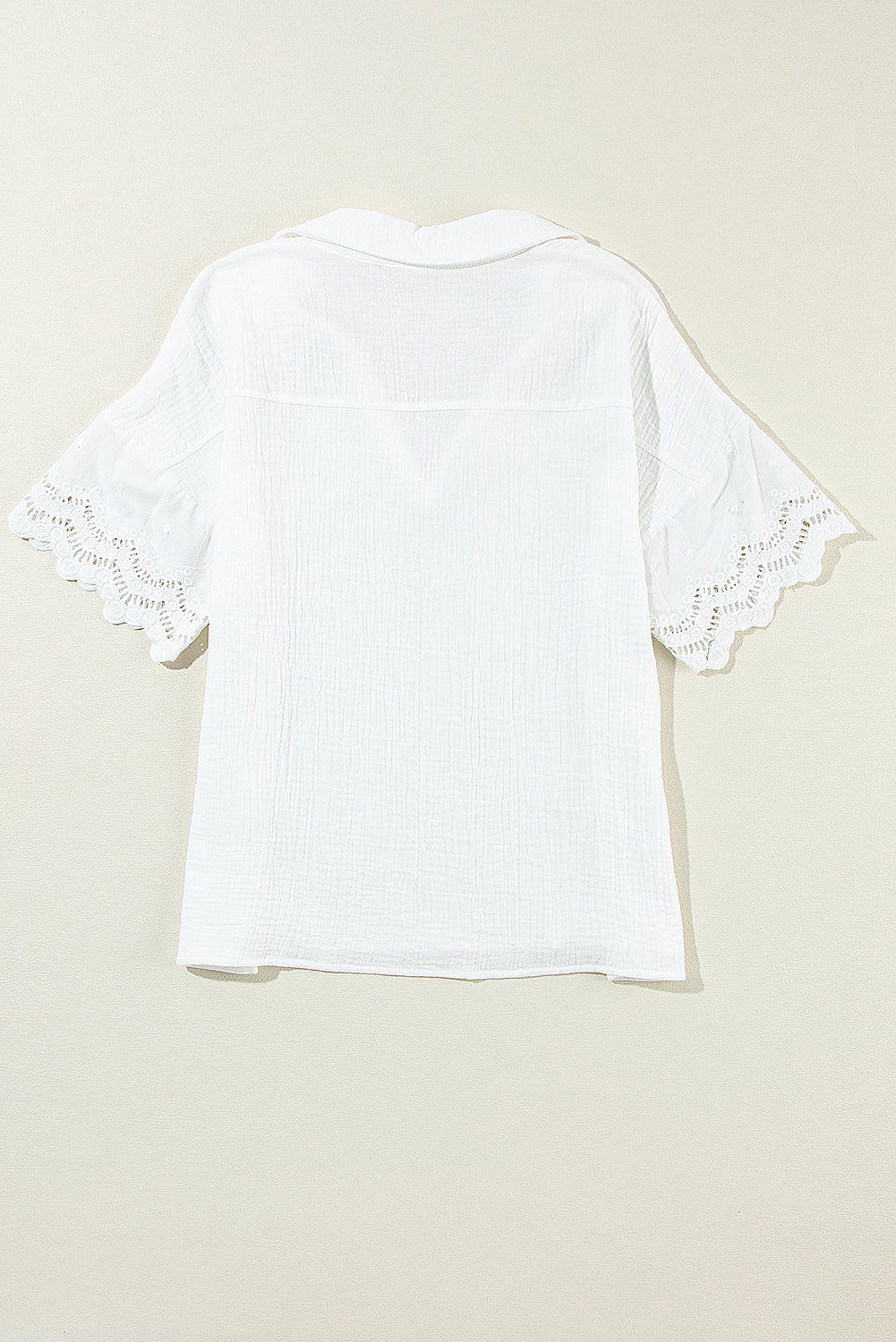 Blusa Donna Bianca con Colletto Scollo a V Maniche in Pizzo Arricciato