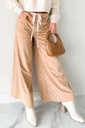 Pantaloni Donna Kaki a Gamba Larga con Stampa a Pois e Coulisse