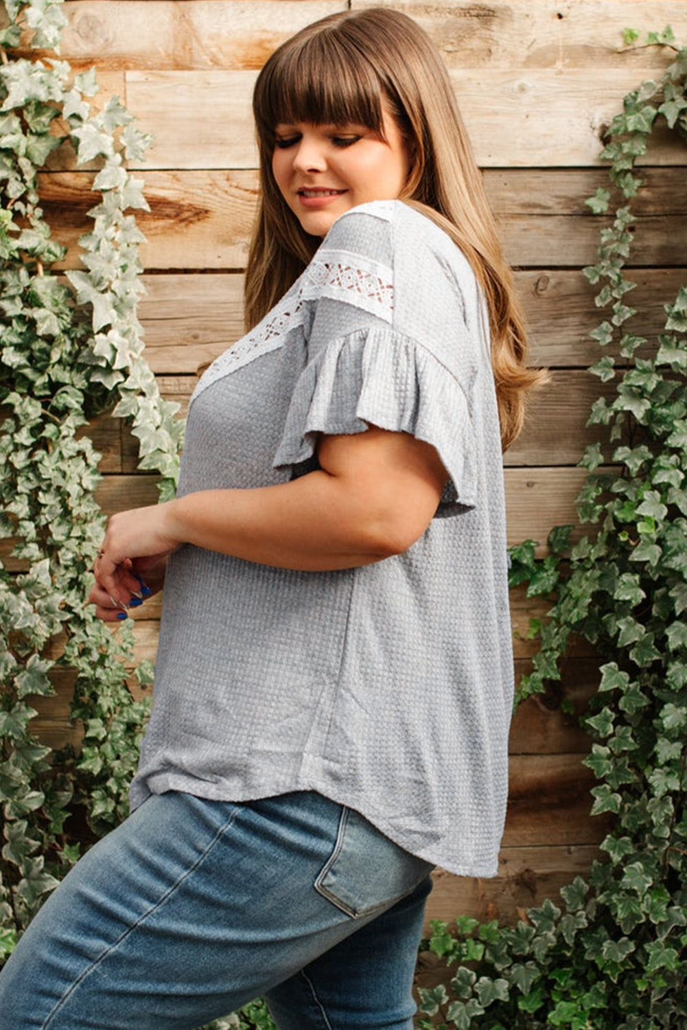Top Donna Plus Size Grigio Chiaro in Waffle con Pizzo Patchwork e Maniche a Ruche
