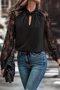 Blusa Donna Nera con Scollo Keyhole Pizzo e Maniche Raglan