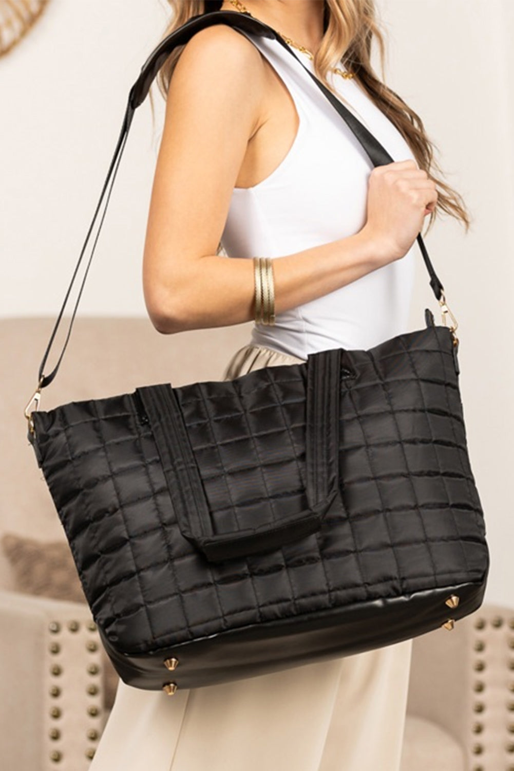 Set 2 Pezzi Borsa Tote e Pochette Nera Trapuntata Patchwork