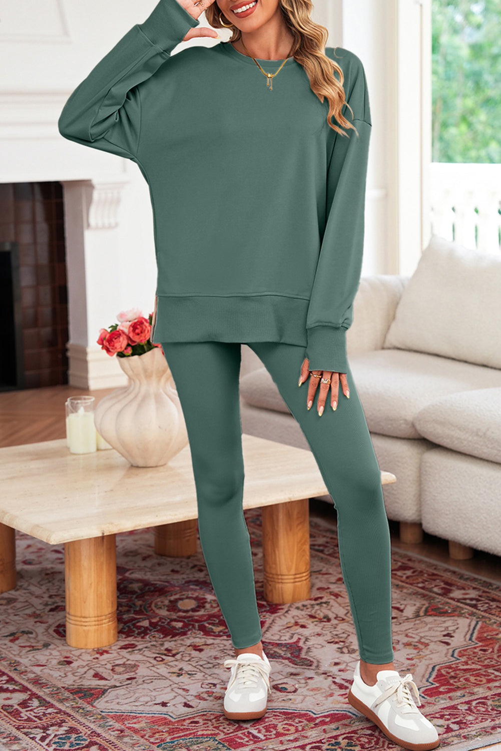 Set 2 Pezzi Donna Verde Tinta Unita: Felpa Oversize con Spacco e Leggings a Costine