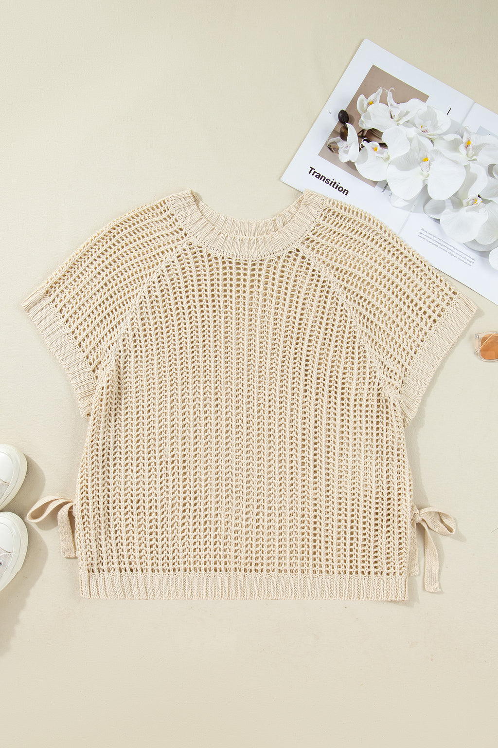Maglione Donna Albicocca Plus Size a Maglia Aperta con Fiocchi Manica Corta