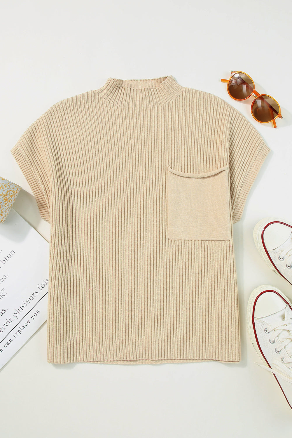 Maglione Donna Beige a Costine con Tasche a Toppa e Maniche Corte