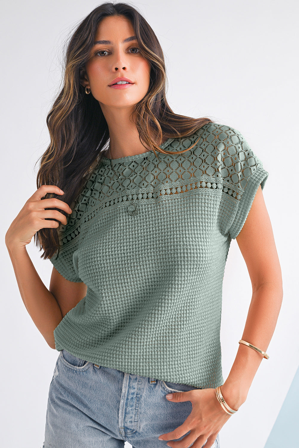Top Donna Verde Nebbia in Maglia Waffle Patchwork con Dettaglio Traforato