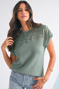 Top Donna Verde Nebbia in Maglia Waffle Patchwork con Dettaglio Traforato