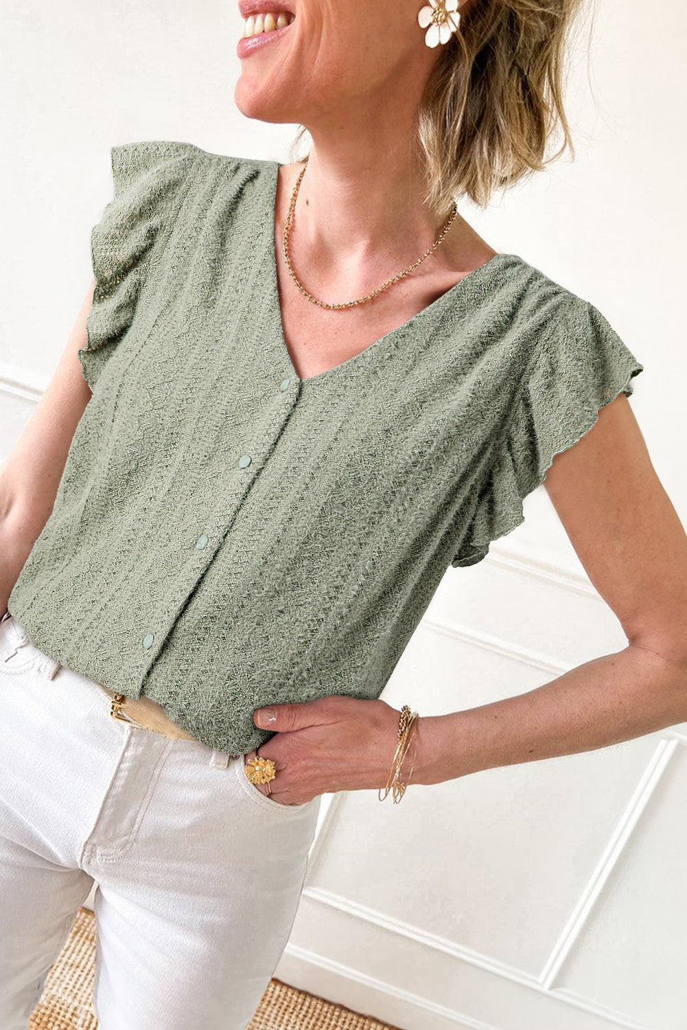 Camicia Donna Verde con Maniche a Farfalla e Scollo a V