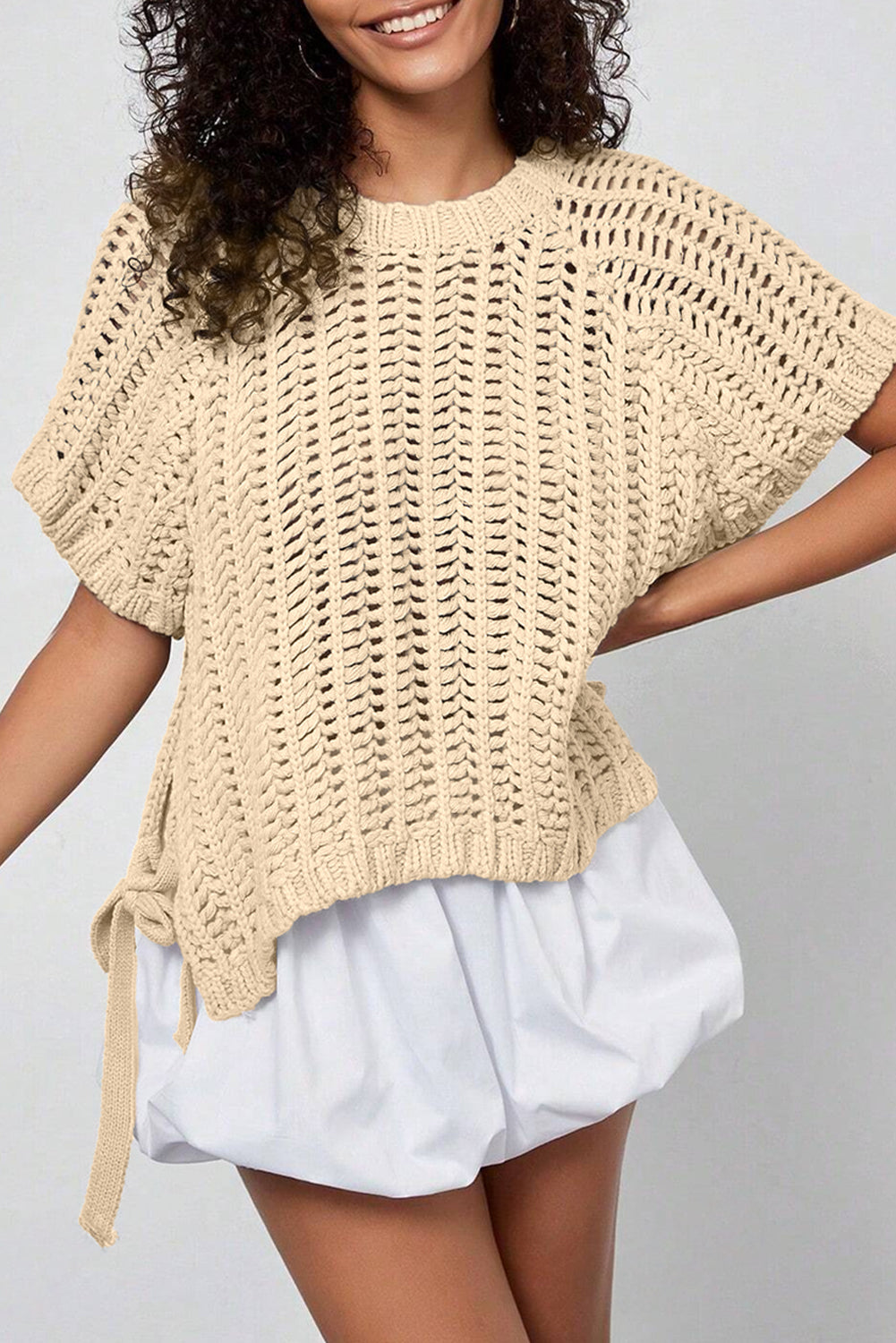 Maglione Donna Albicocca Plus Size a Maglia Aperta con Fiocchi Manica Corta