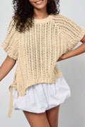 Maglione Donna Albicocca Plus Size a Maglia Aperta con Fiocchi Manica Corta
