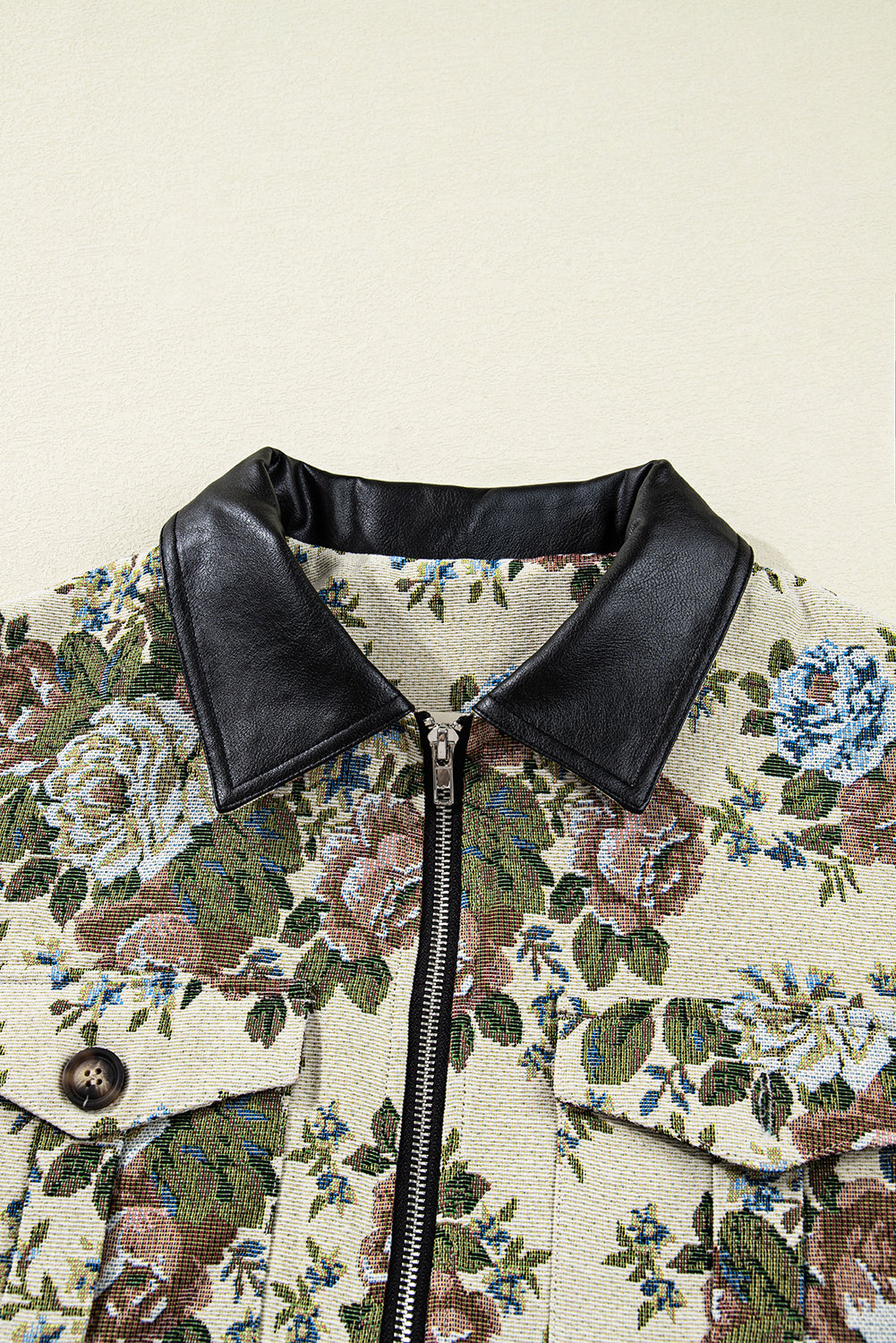Giacca Donna Kaki con Stampa Floreale, Zip e Colletto a Contrasto