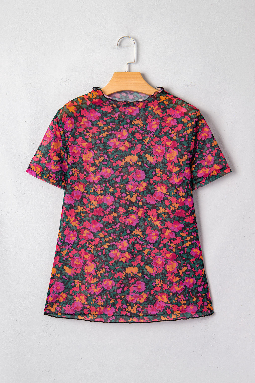 Top Donna Rosa Retrò Floreale in Mesh Manica Corta