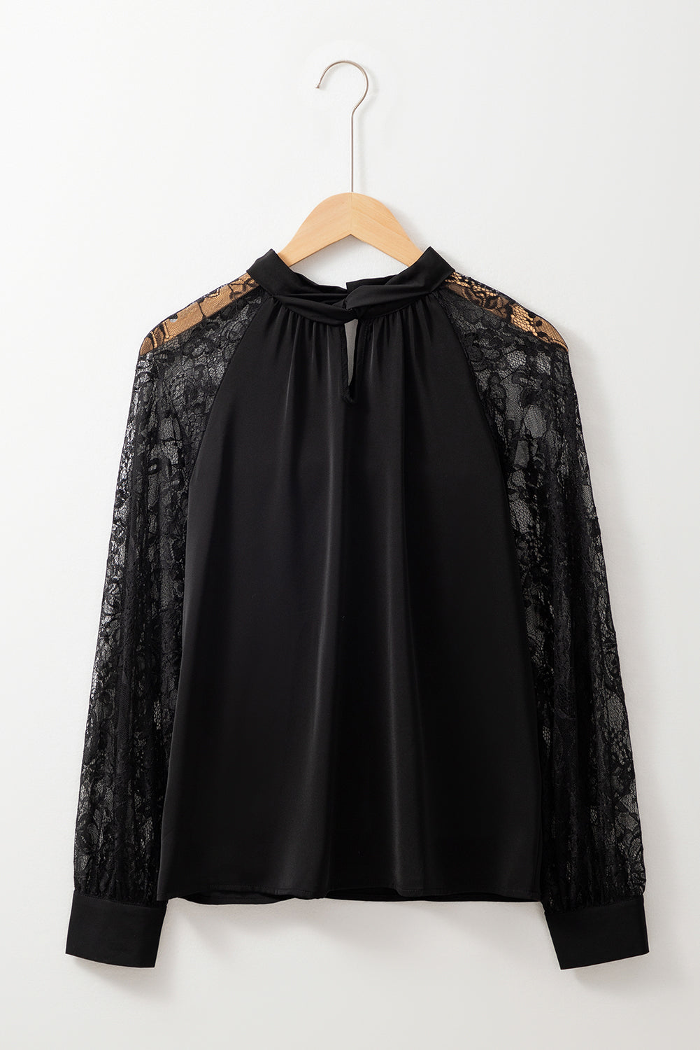 Blusa Donna Nera con Scollo Keyhole Pizzo e Maniche Raglan