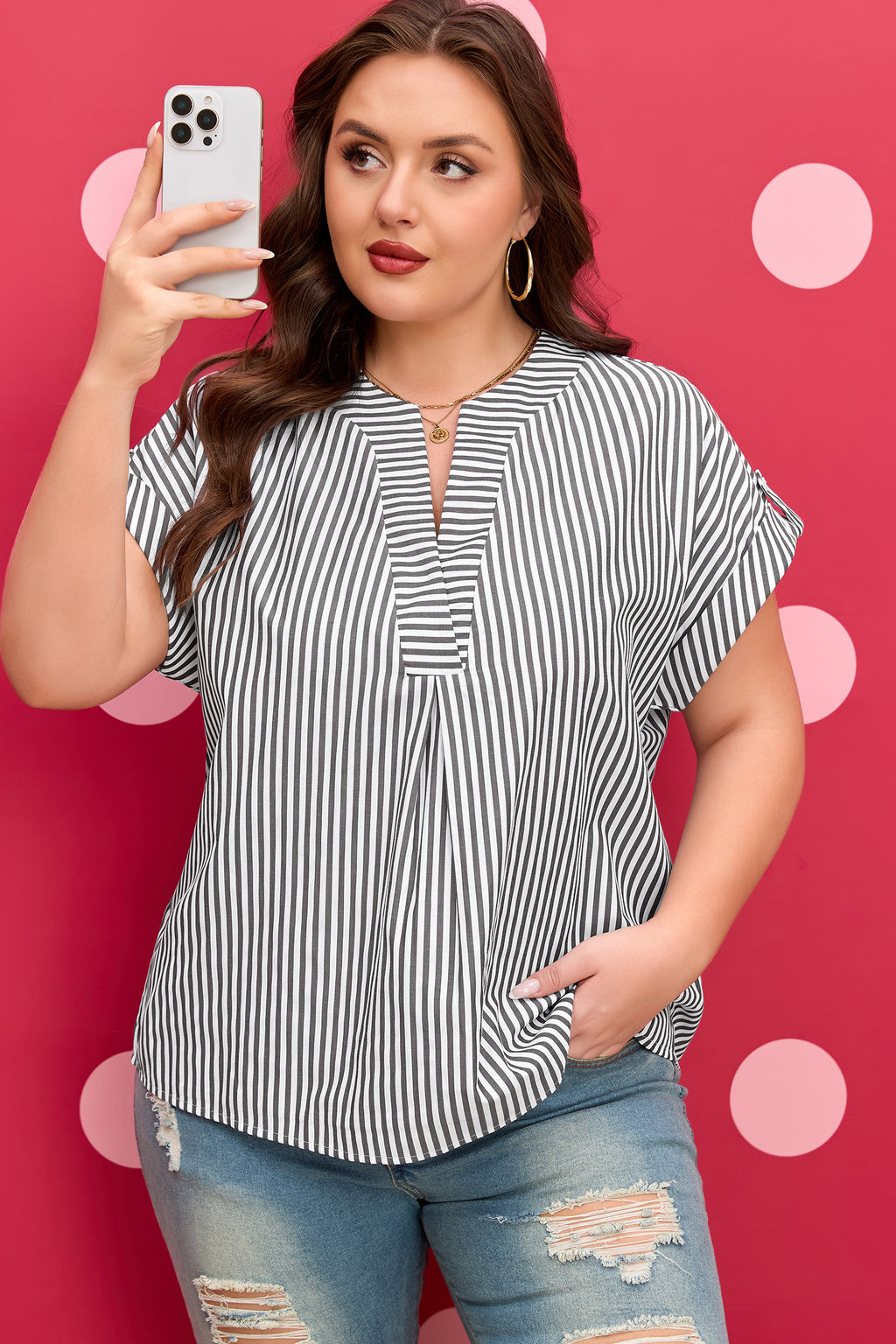 Blusa Donna Plus Size Nera a Righe con Scollo a V e Maniche Dolman Corte