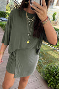 Set 2 Pezzi Donna Verde Tinta Unita: T-shirt Oversize e Minigonna Skort con Nodo