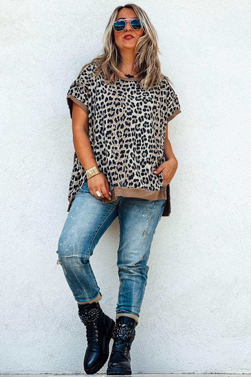 Top Donna Plus Size Kaki con Bordi Leopardati a Contrasto e Maniche Corte
