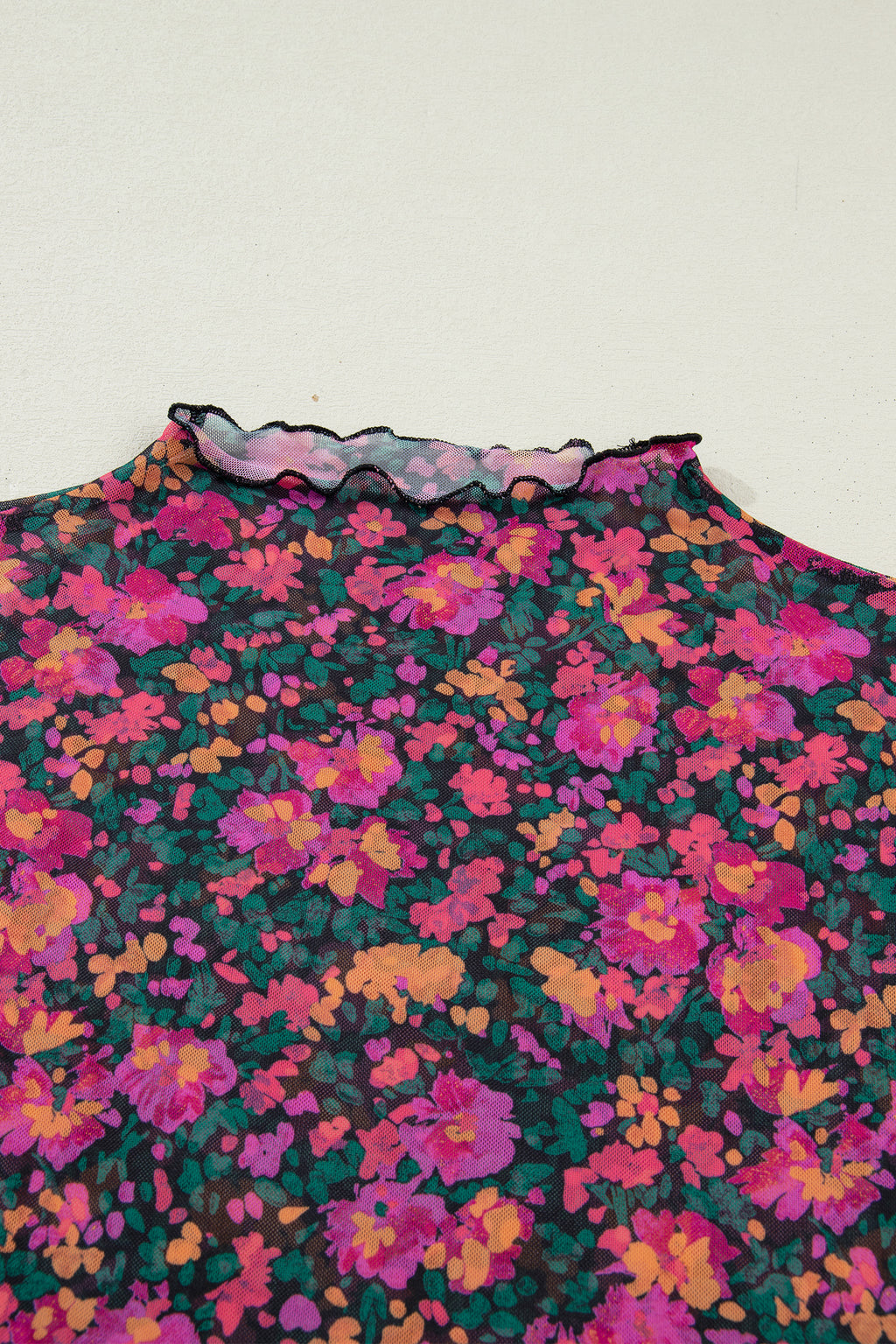 Top Donna Rosa Retrò Floreale in Mesh Manica Corta