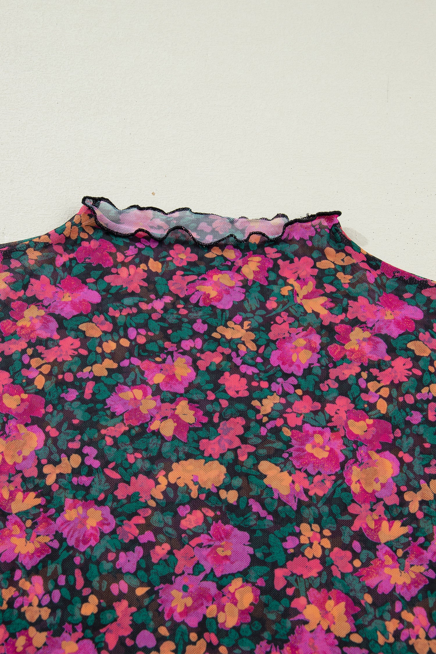 Top Donna Rosa Retrò Floreale in Mesh Manica Corta