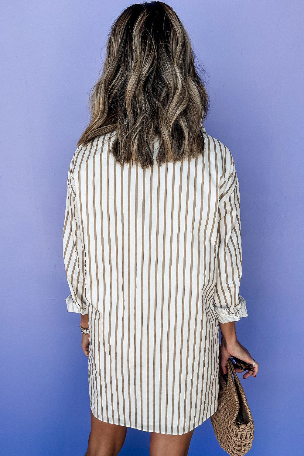 Mini Shirt Dress Donna Kaki a Righe con Bottoni e Maniche Lunghe