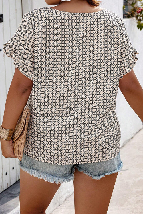 Blusa Donna Plus Size Kaki con Stampa Geometrica e Maniche a Tulipano con Volant