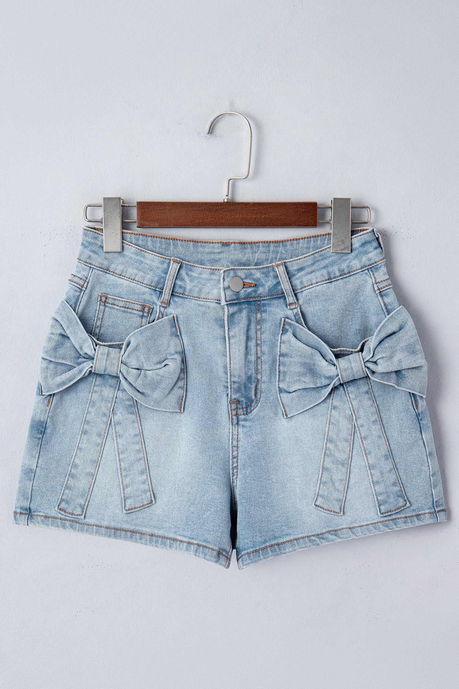 Shorts di Jeans Donna Azzurri con Fiocco Decorativo e Tasche