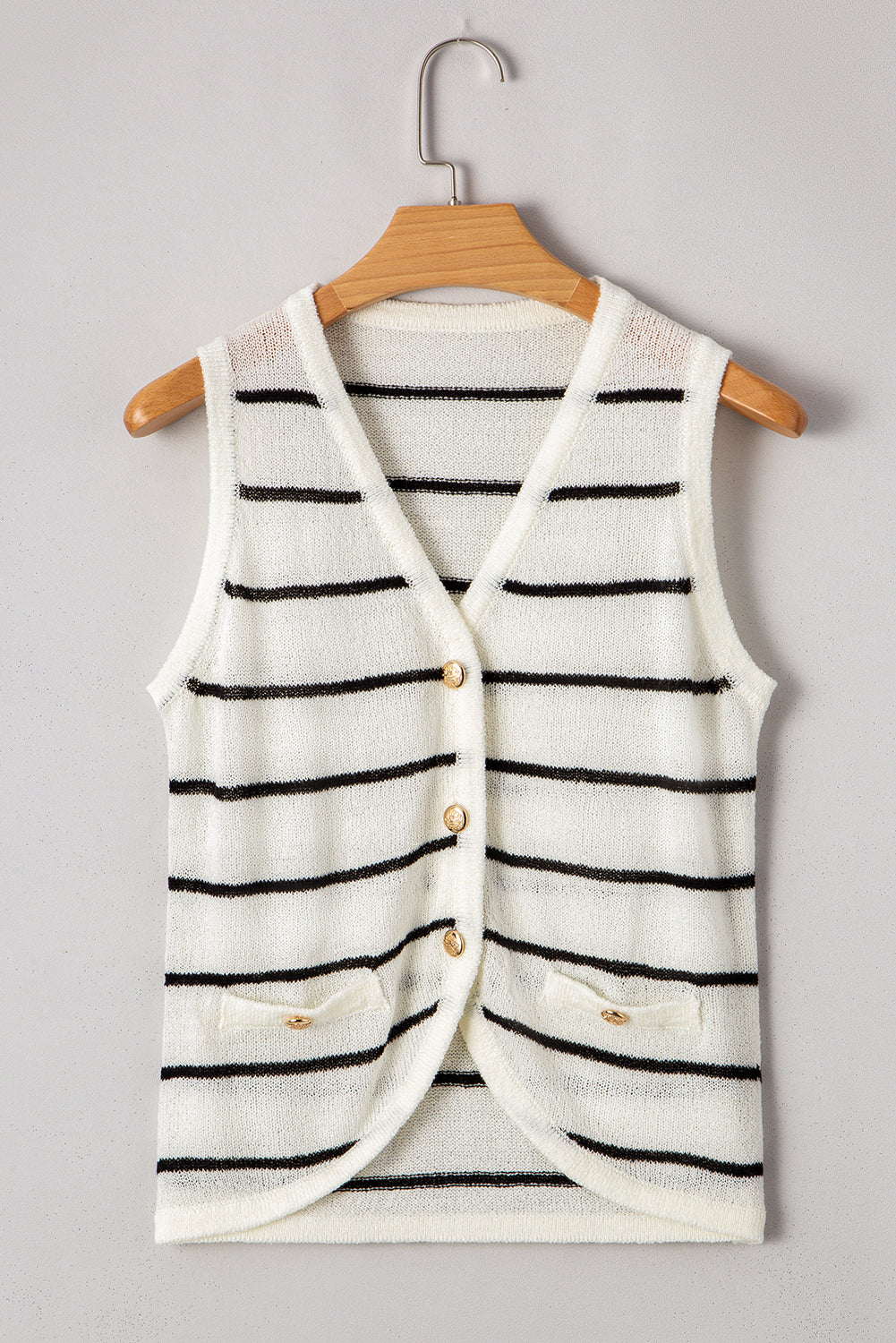 Gilet Donna Nero a Righe in Maglia con Scollo a V e Bottoni Slim Fit