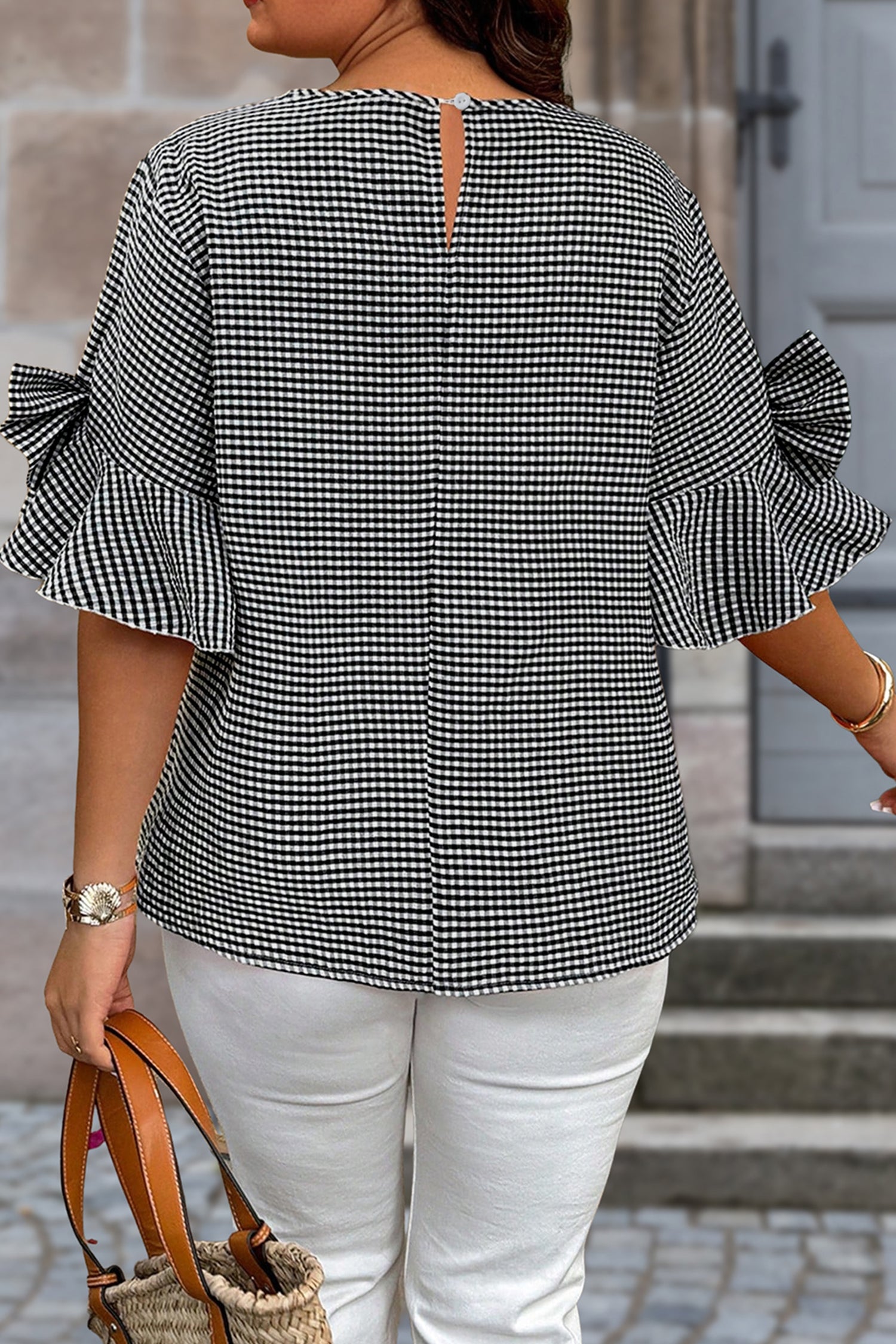 Maglione Donna Plus Size Nero a Quadri con Fiocco e Maniche a Campana