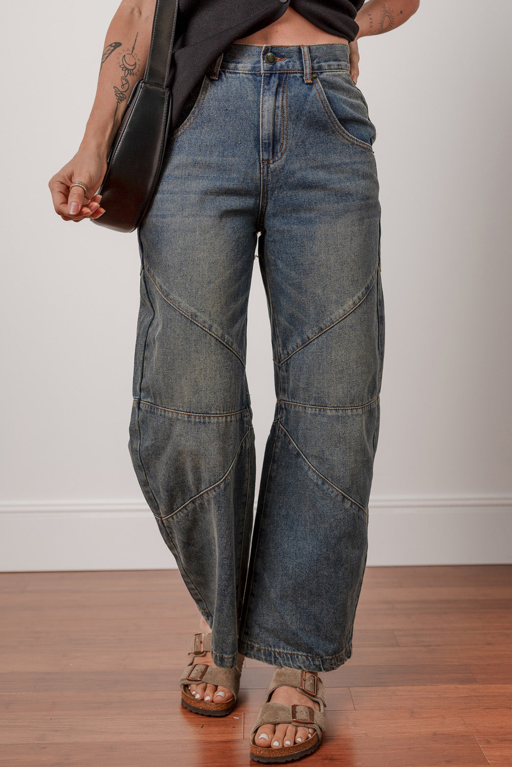 Jeans Donna Blu a Gamba Dritta con Vita Alta e Dettaglio Incrociato