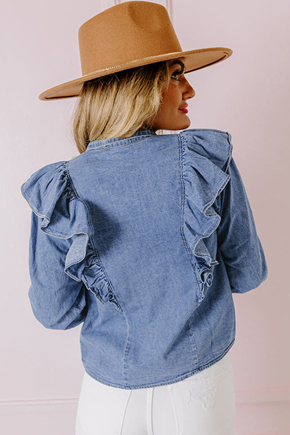 Blusa Donna Blu Denim con Bottoni, Ruche e Maniche Lunghe