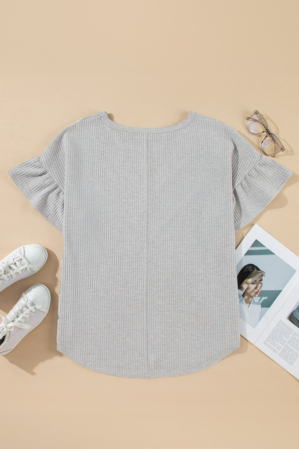 Top Donna Plus Size Grigio Chiaro in Waffle con Pizzo Patchwork e Maniche a Ruche