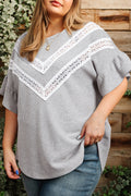 Top Donna Plus Size Grigio Chiaro in Waffle con Pizzo Patchwork e Maniche a Ruche