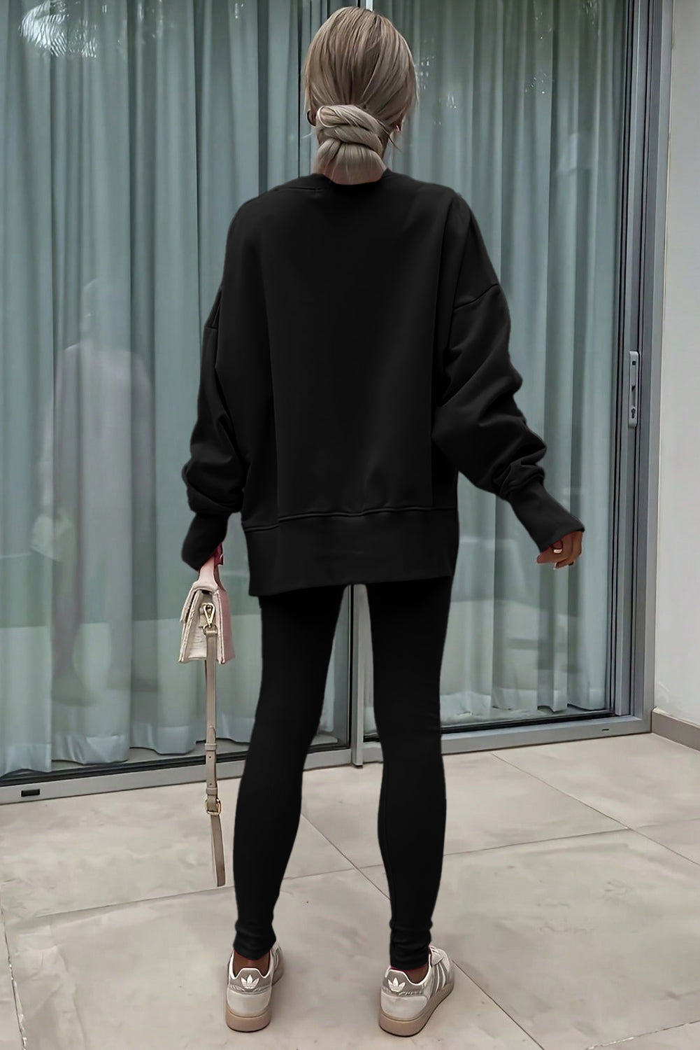 Set 2 Pezzi Donna Nero: Felpa Oversize con Spacco e Leggings a Costine