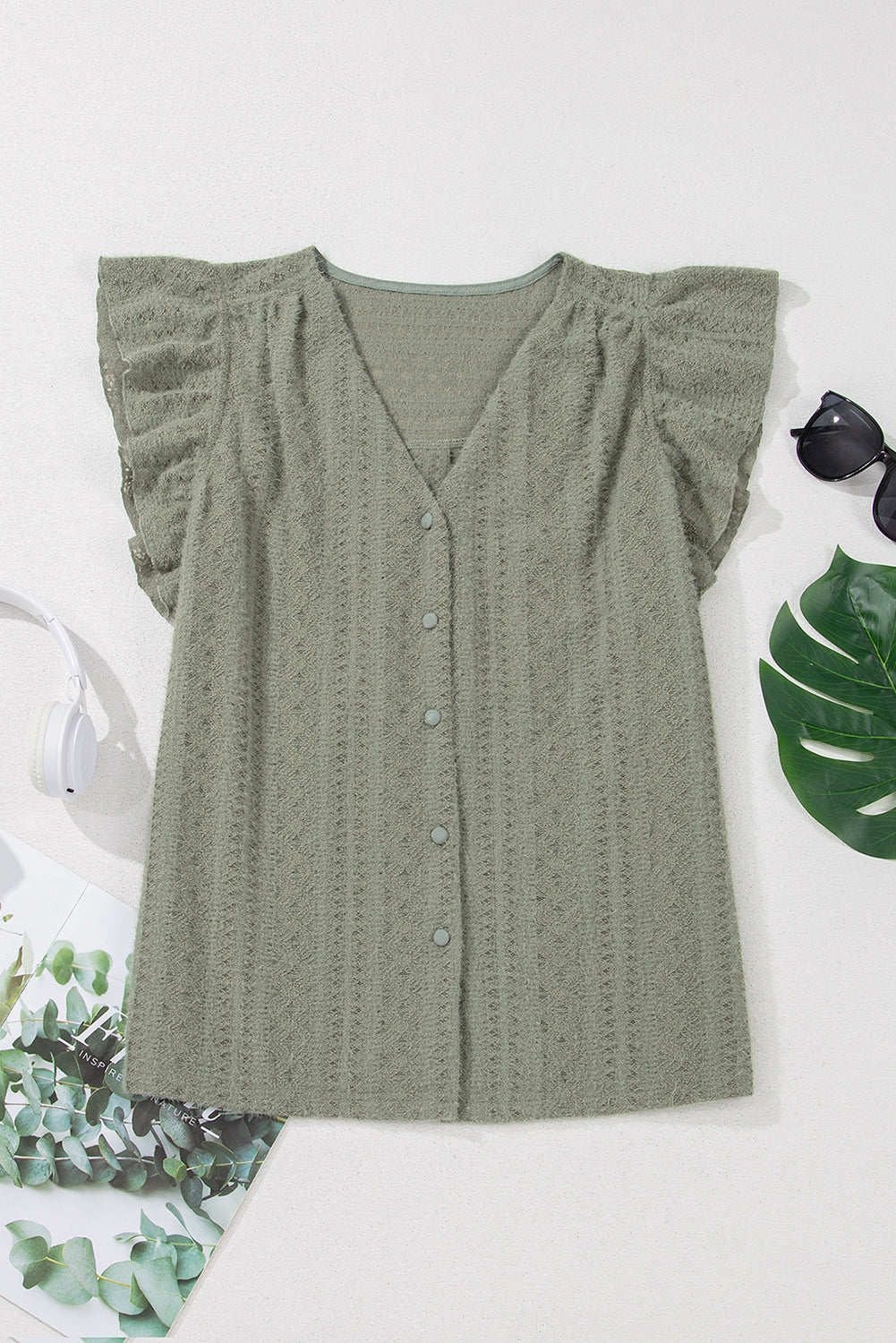 Camicia Donna Verde con Maniche a Farfalla e Scollo a V