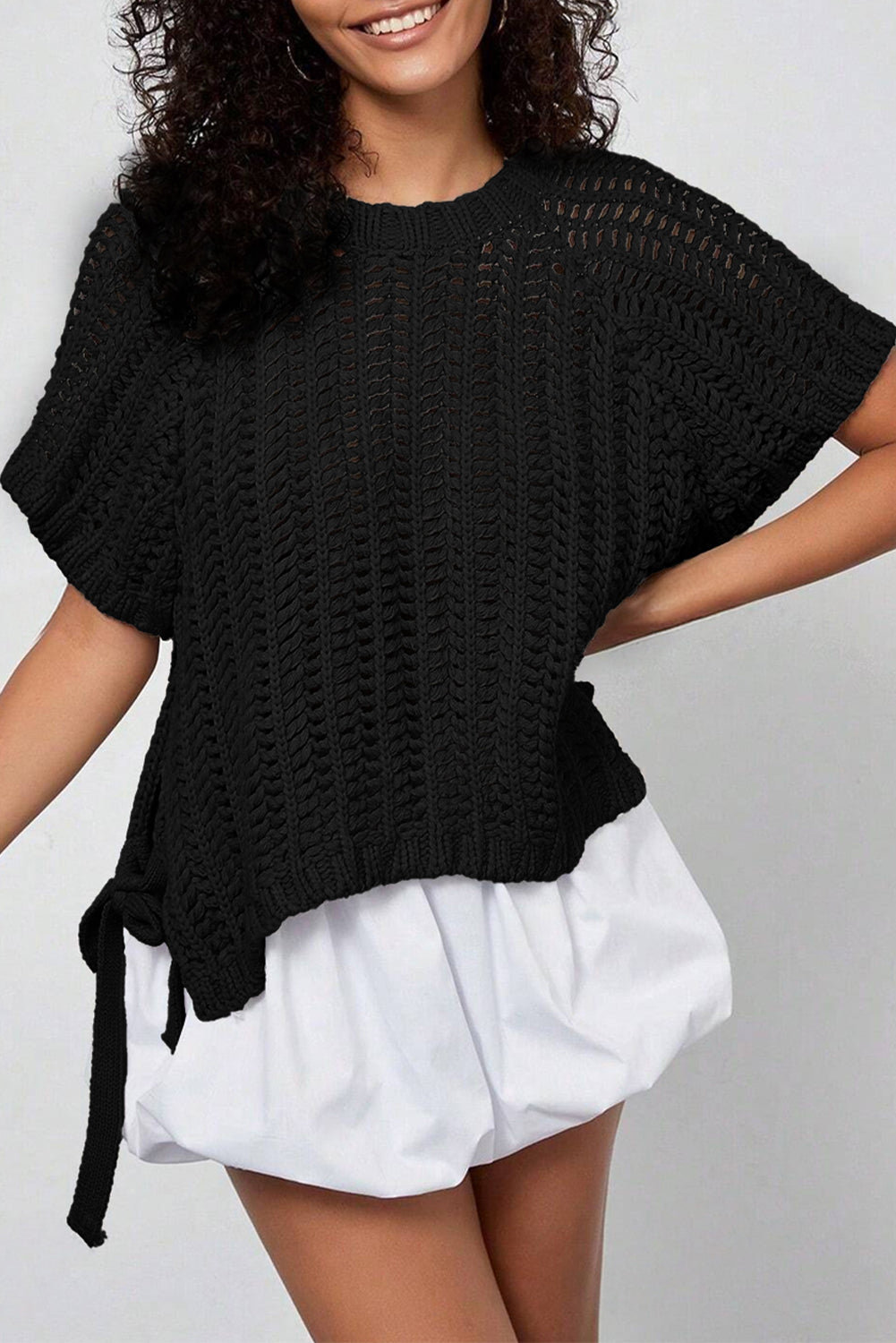 Maglione Donna Nero Plus Size a Maglia Aperta con Fiocchi Manica Corta