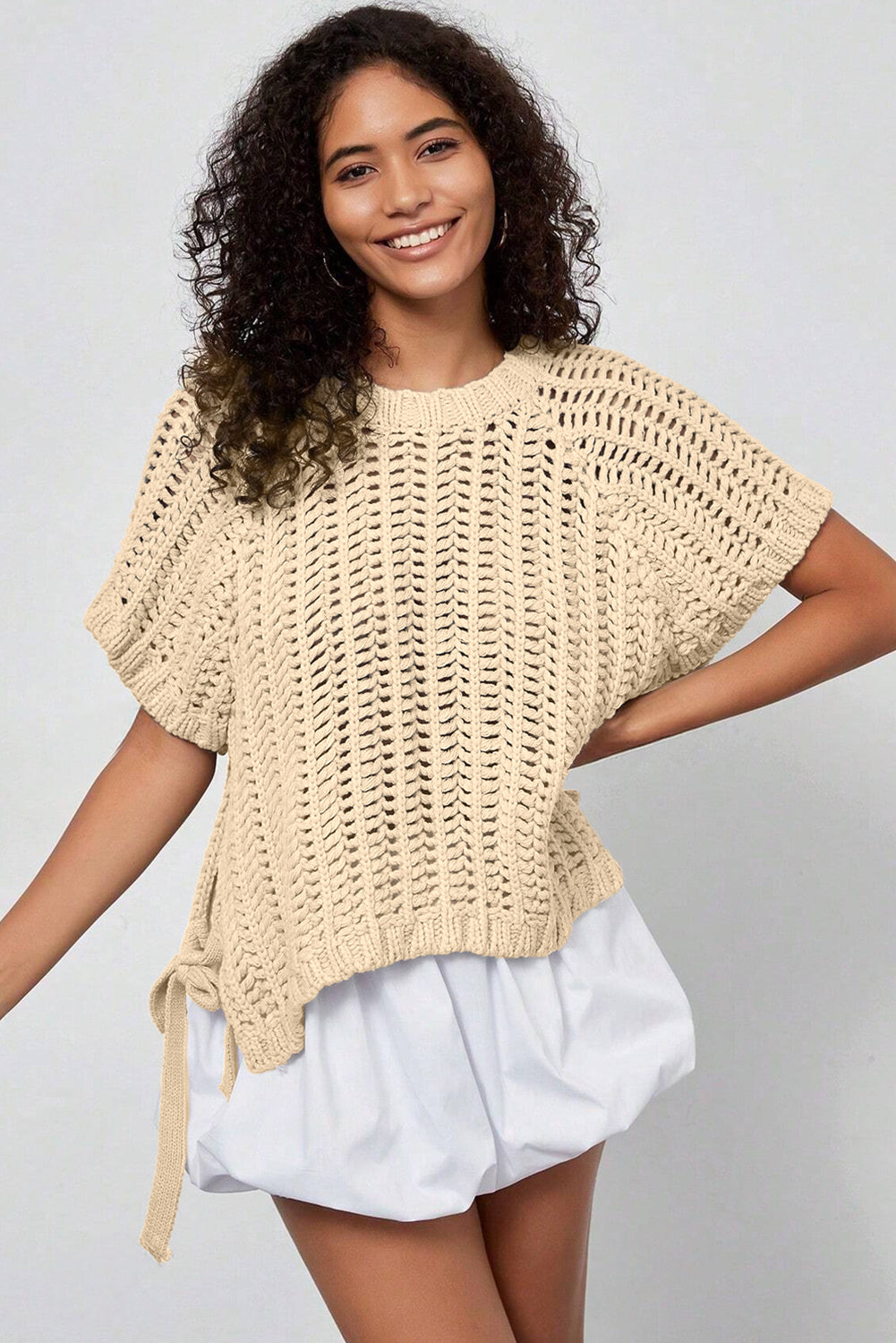 Maglione Donna Albicocca Plus Size a Maglia Aperta con Fiocchi Manica Corta