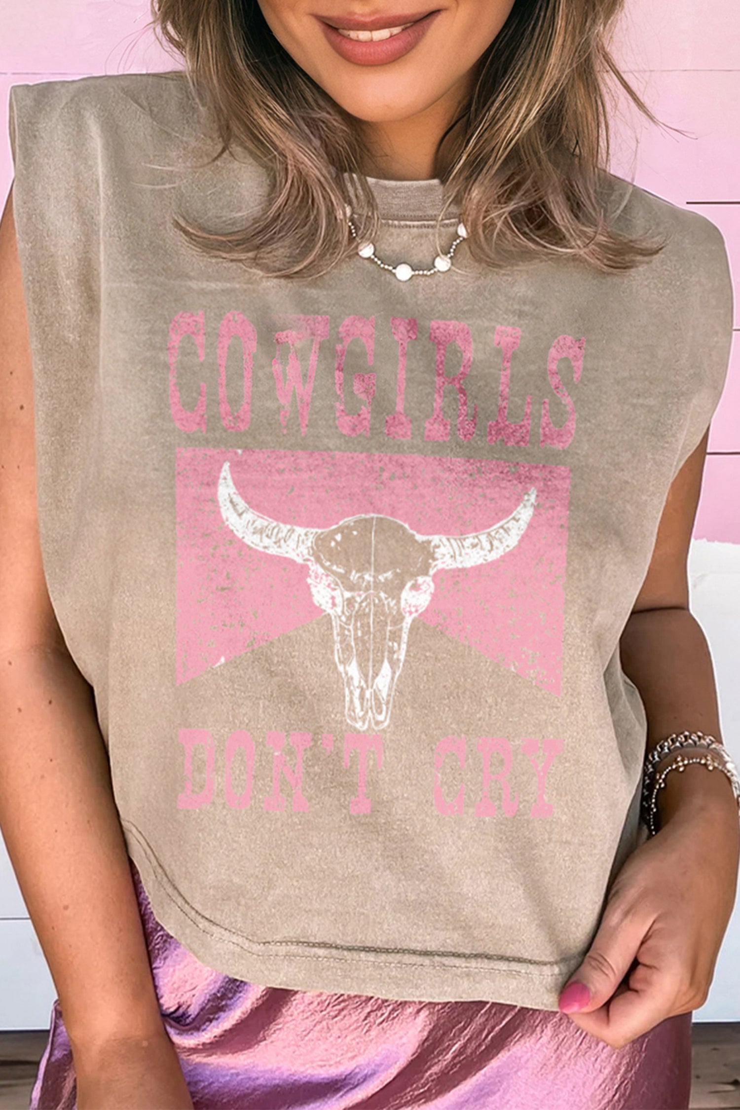 Canotta Donna Grigio Fumo con Grafica Western Cowboy & Beer e Lavaggio Minerale