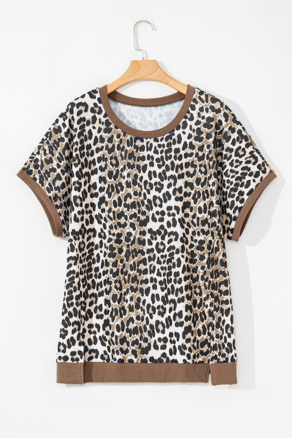 Top Donna Plus Size Kaki con Bordi Leopardati a Contrasto e Maniche Corte