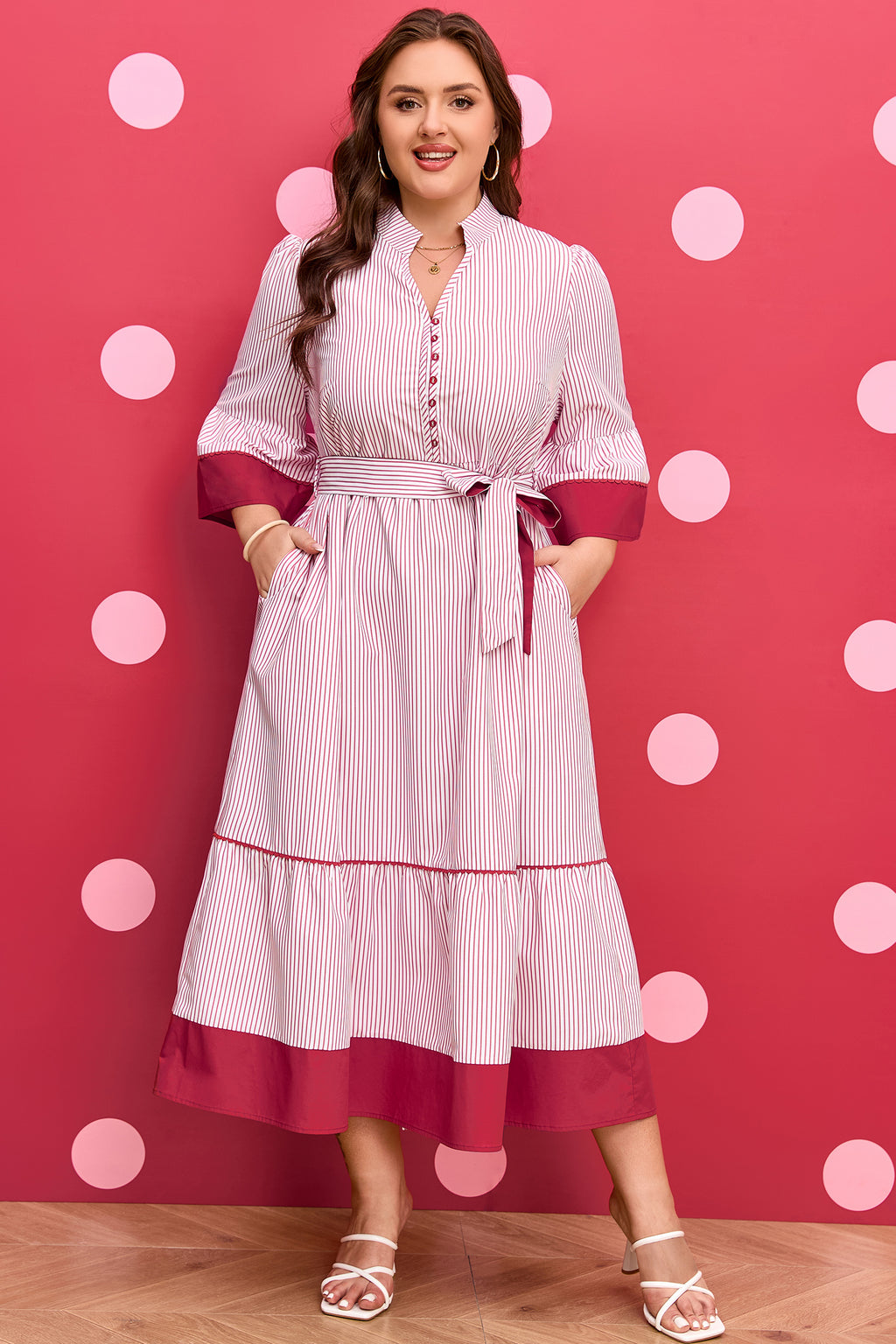 Vestito Midi Donna Plus Size Rosso a Righe con Orlo a Ruche