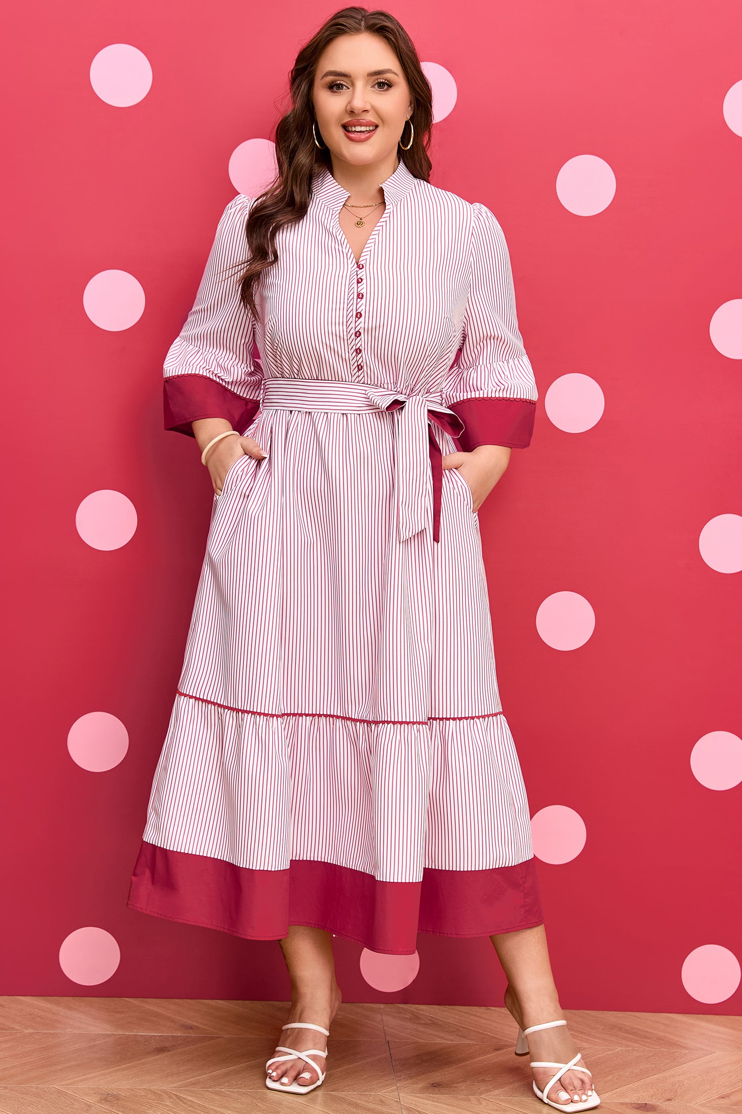 Vestito Midi Donna Plus Size Rosso a Righe con Orlo a Ruche