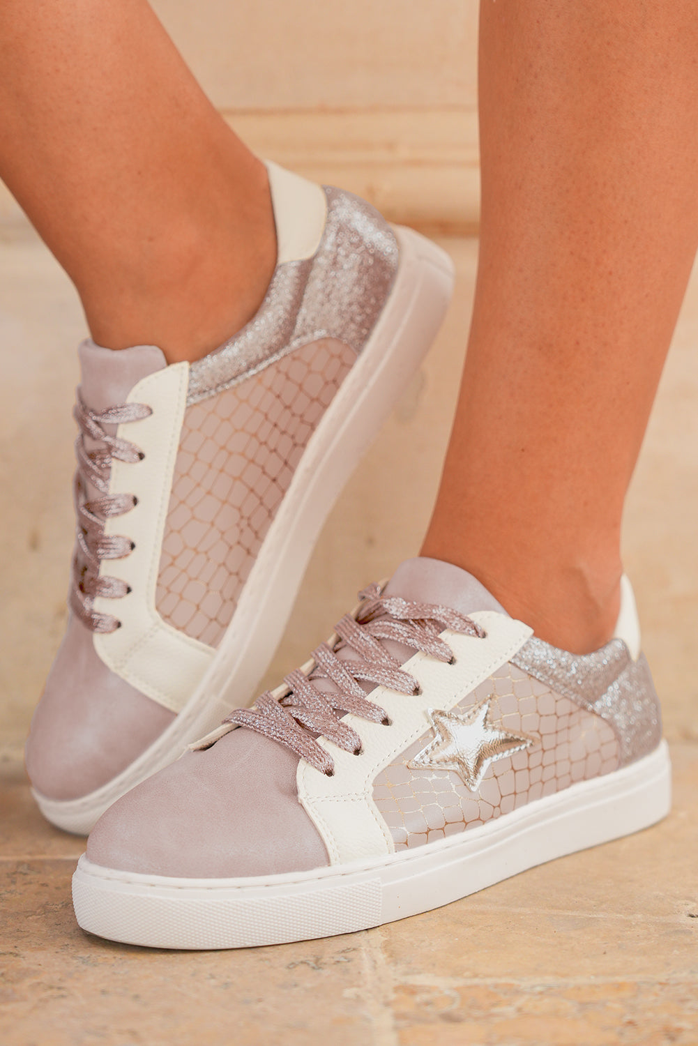 Sneakers Donna Glitter Dorato con Stelle in Ecopelle con Lacci