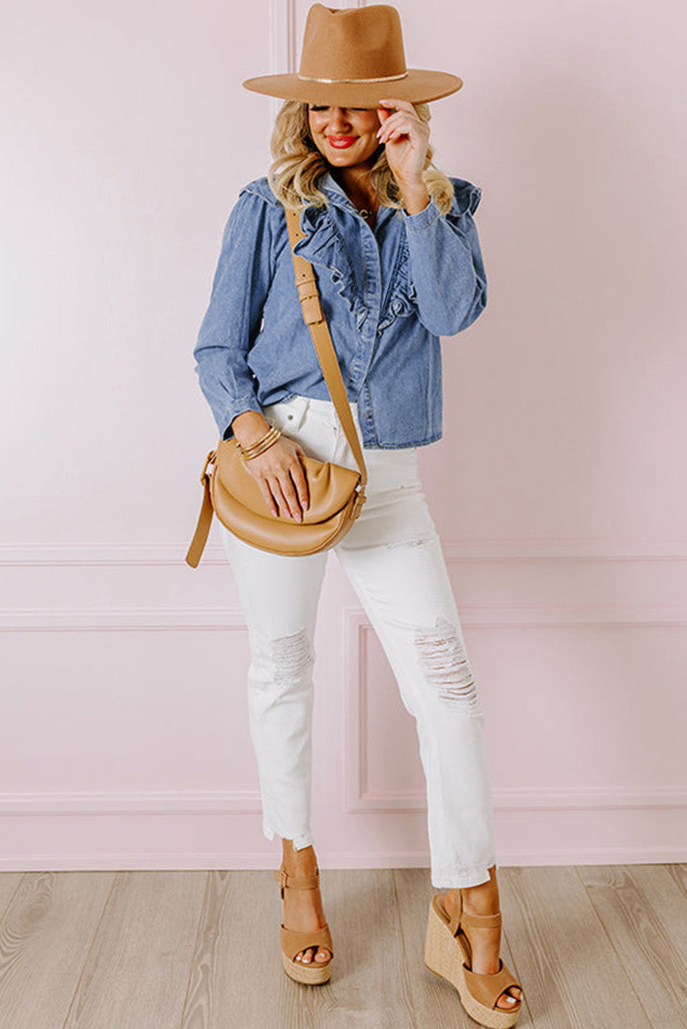 Blusa Donna Blu Denim con Bottoni, Ruche e Maniche Lunghe