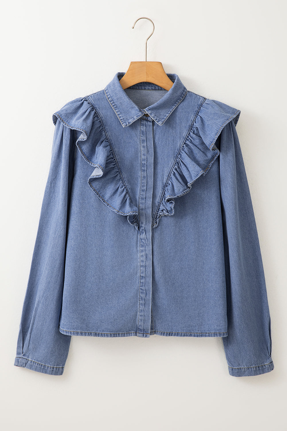 Blusa Donna Blu Denim con Bottoni, Ruche e Maniche Lunghe