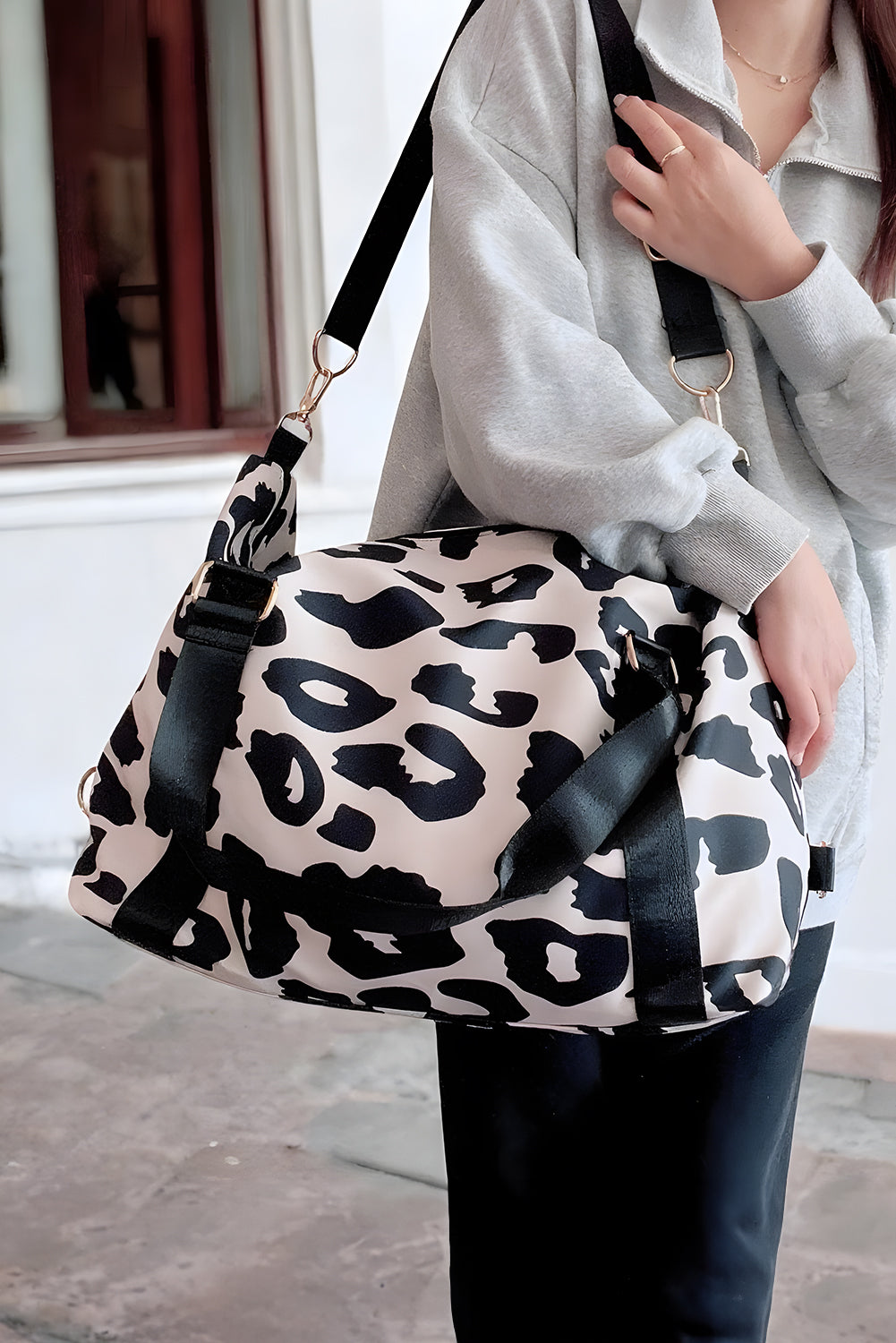 Borsa Tote Donna Nera con Stampa Leopardata