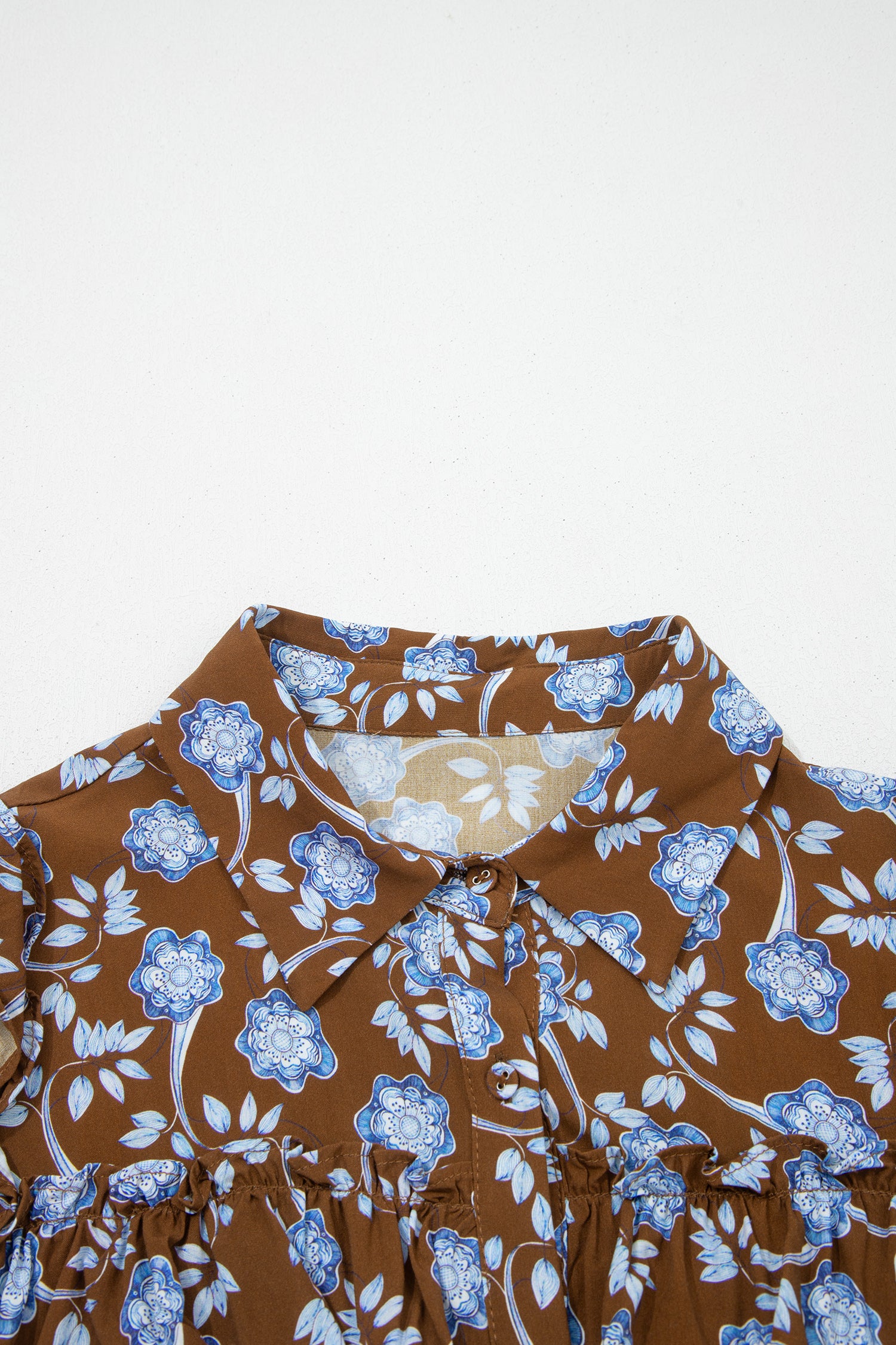 Vestito Donna Marrone Floreale con Rouches e Maniche Lunghe