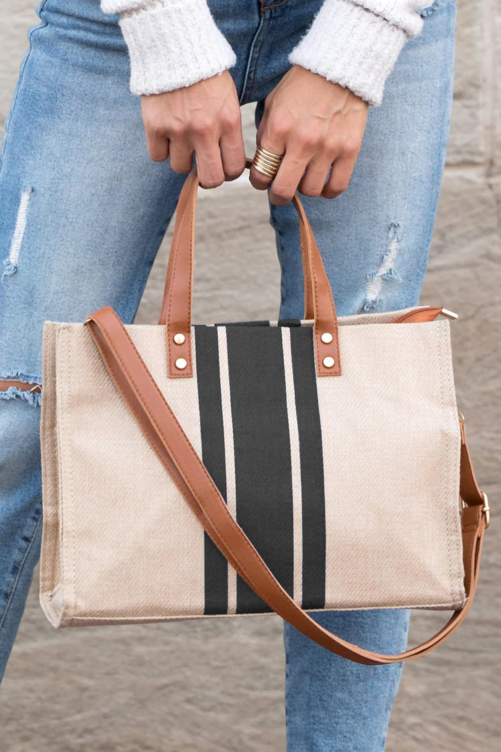 Borsa a Spalla Donna Nera a Righe Grande