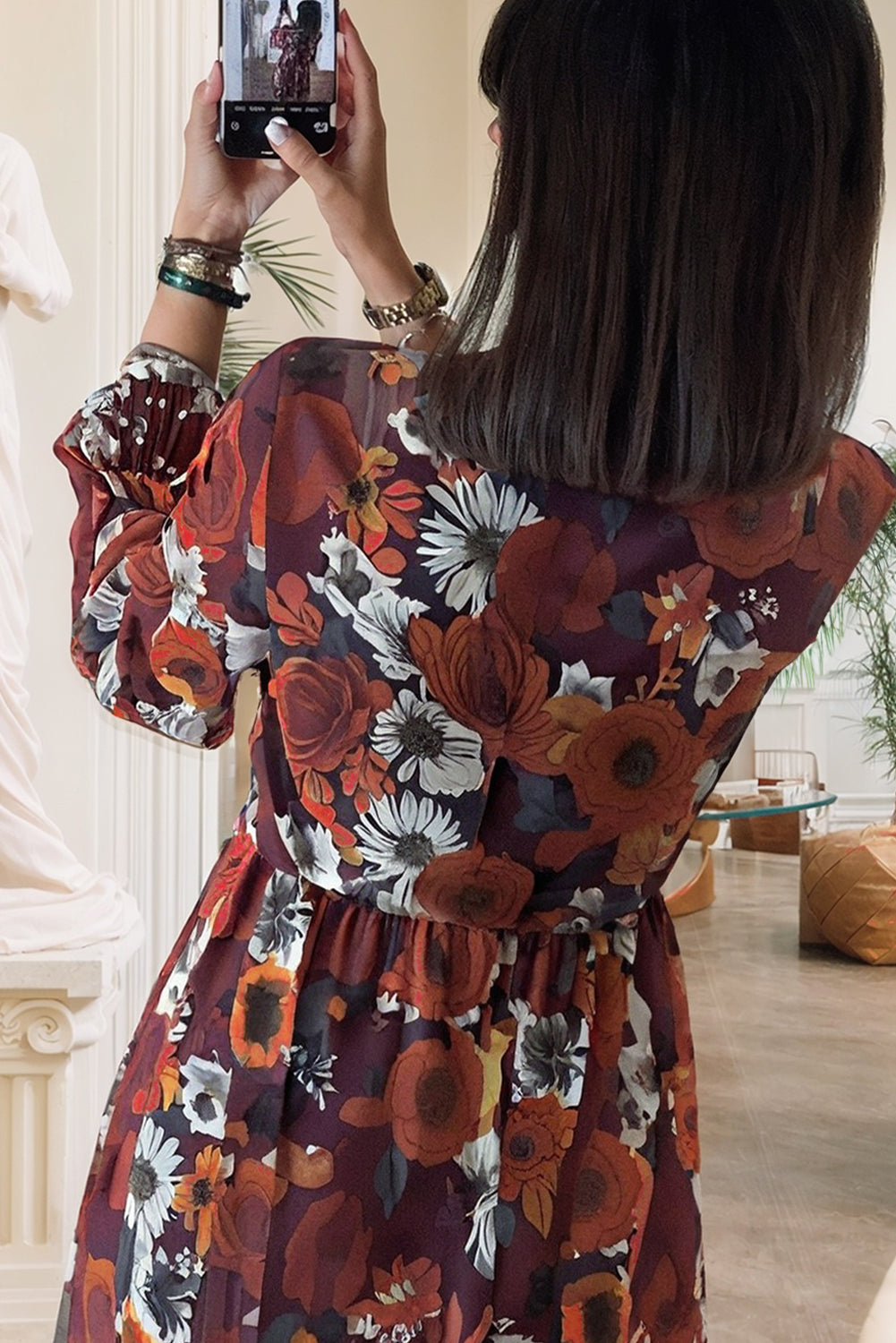 Mini Dress Donna Rosso Floreale Scollo a V con Maniche a Sbuffo