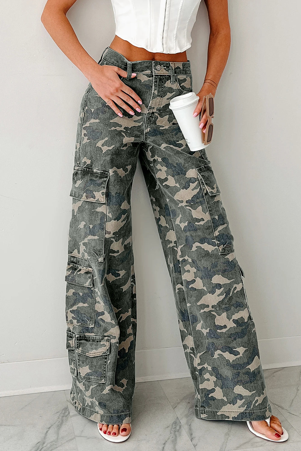 Jeans Donna Verde Camouflage a Gamba Larga con Tasche Cargo