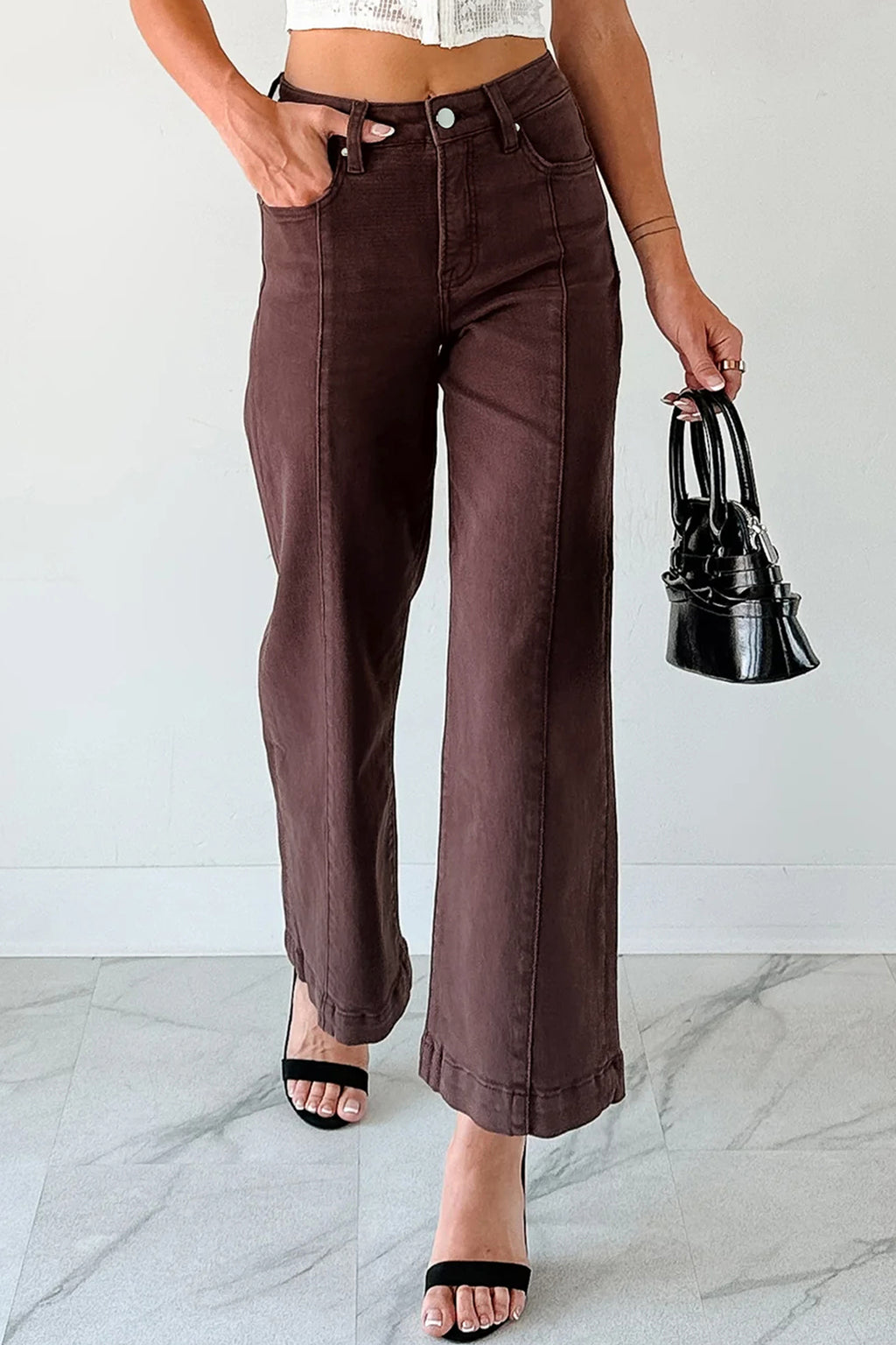 Jeans Donna Rosso a Gamba Larga Cropped con Cucitura Centrale