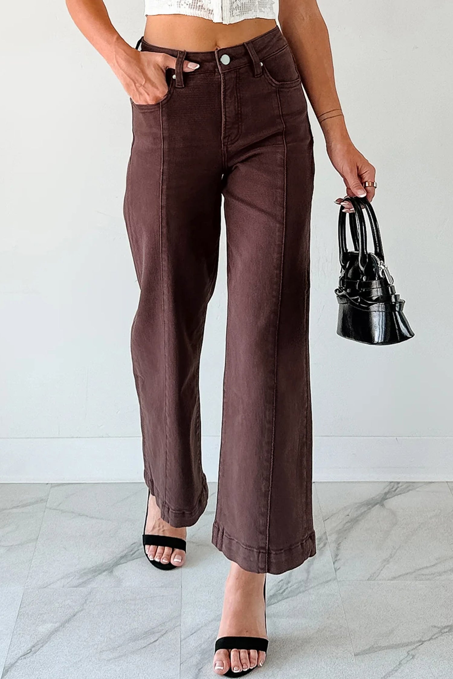 Jeans Donna Rosso a Gamba Larga Cropped con Cucitura Centrale